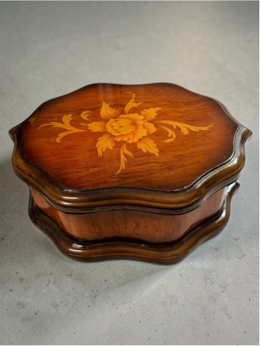 Vintage Wood Jewelry Box Floral Marquetry Inlay Mirror Red Velvet Lined